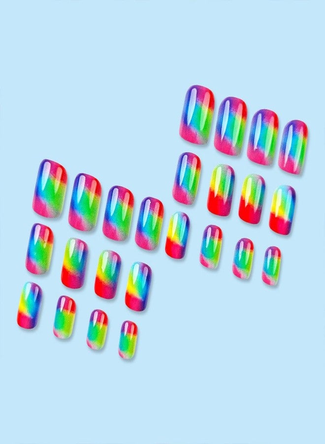 HJKDSFD 24Pcs Rainbow Press on Nails Square Short Fake Nails with Colorful Gradient Designs Full Cover Acrylic Nails Press on Glossy Artificial False Nails Cute Stick on Nails for Women Girls - Image 4